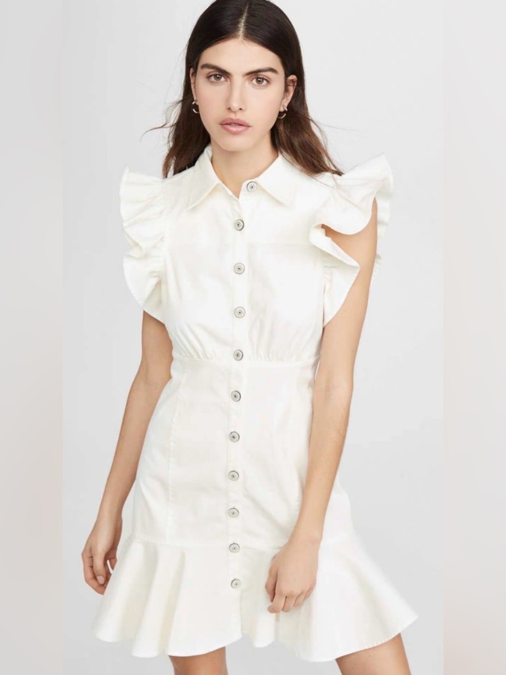 Cinq A Sept Yvette Ruffle Sleeve Button Front Mini Dress in Ivory Size:4‎